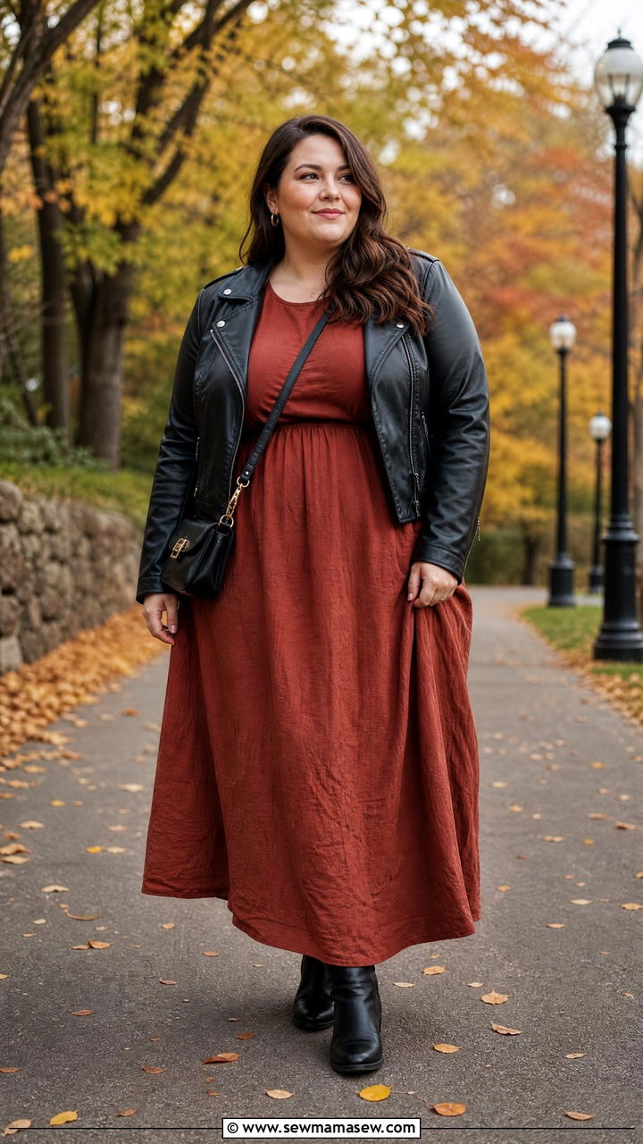 Rust Maxi Dress with Leather Jacket and Ankle Boots - 25 Maxi dress for plus size outfit ideas