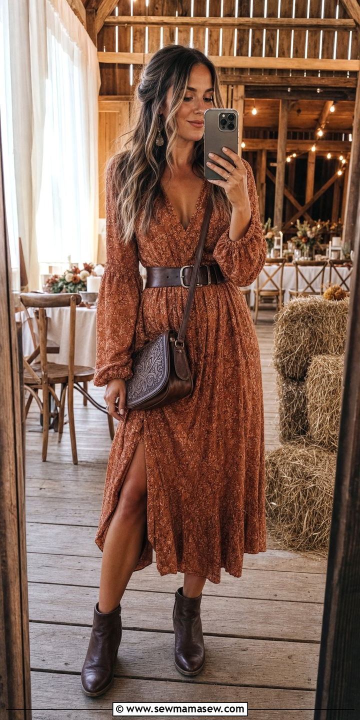 Rust Midi Dress With Ankle Boots - 35 Boho outfit ideas for wedding guest