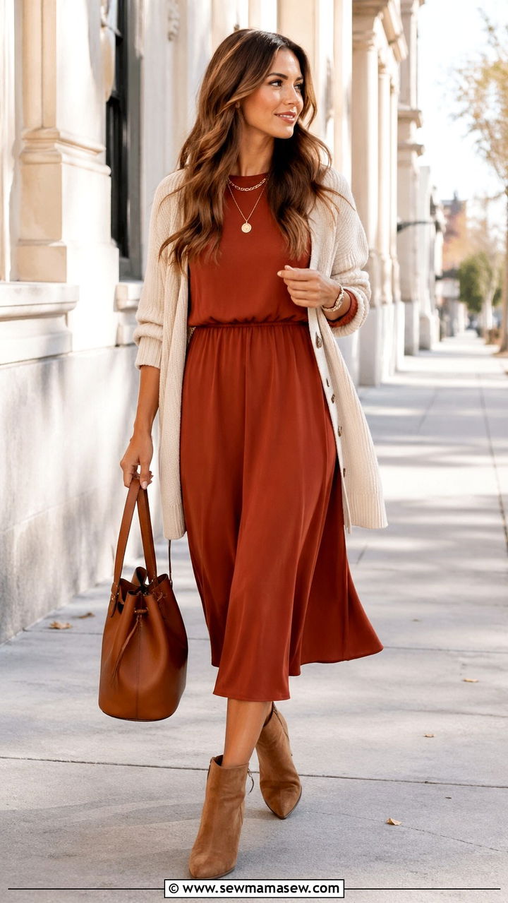 Rust Midi Dress With Ankle Boots - 40 All rust outfit ideas