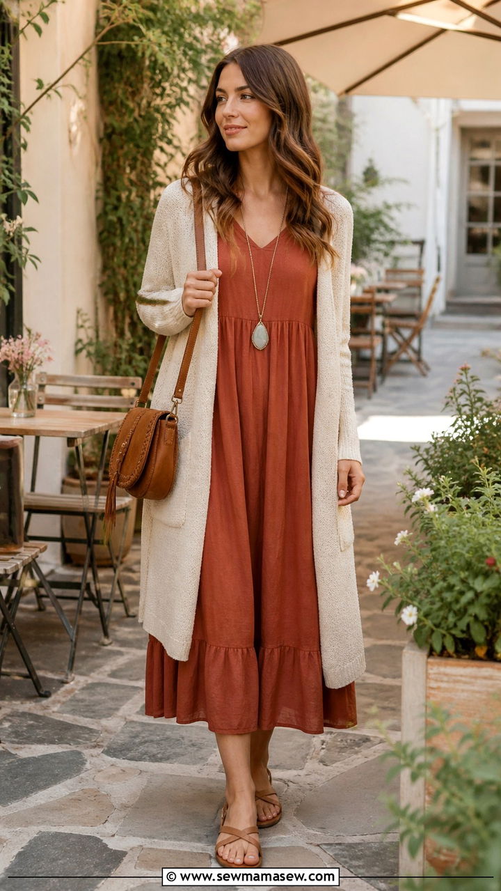 Rust Midi Dress With Lightweight Knit Cardigan - 40 Boho spring outfits