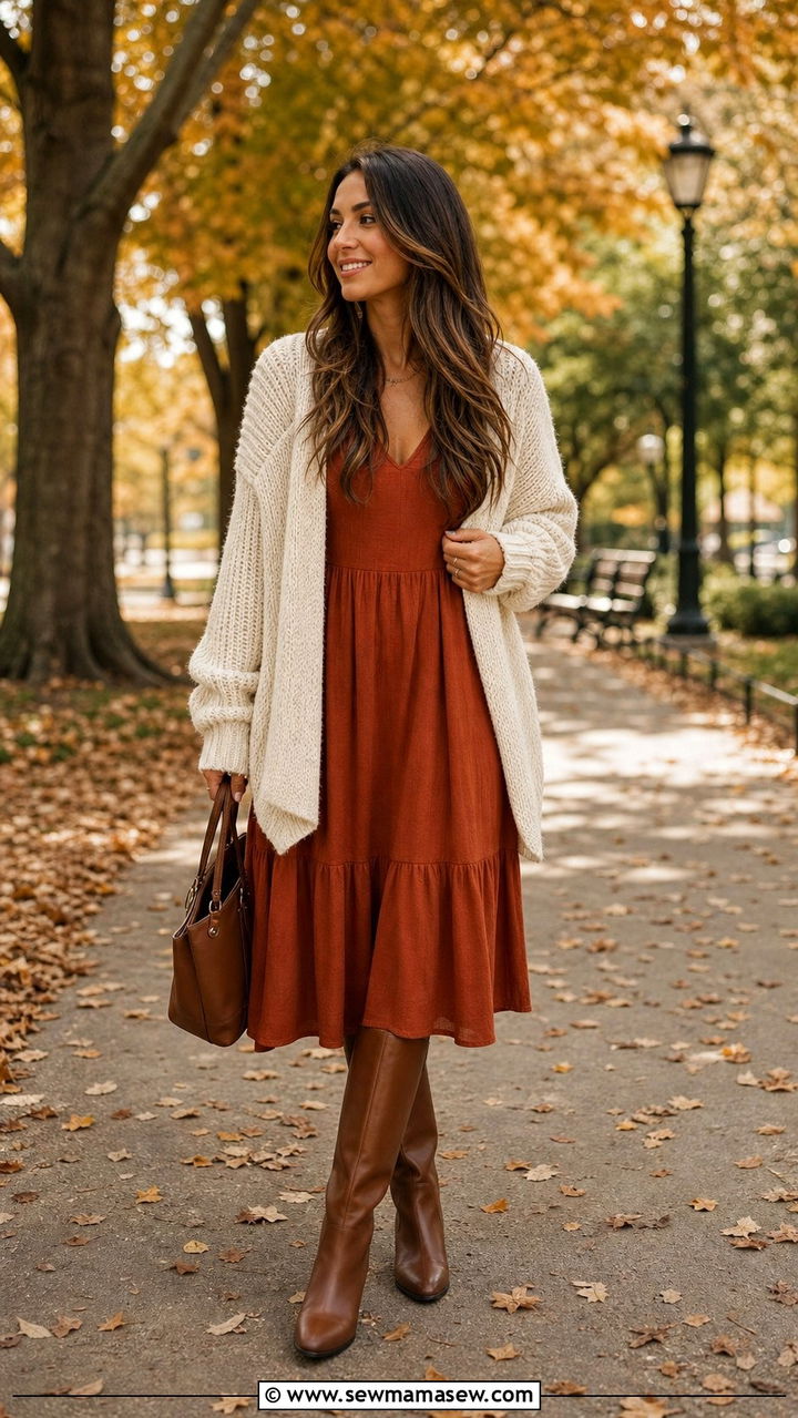 Rust Midi Dress with Chunky Cardigan and Knee High Boots - 35 casual midi dress outfits