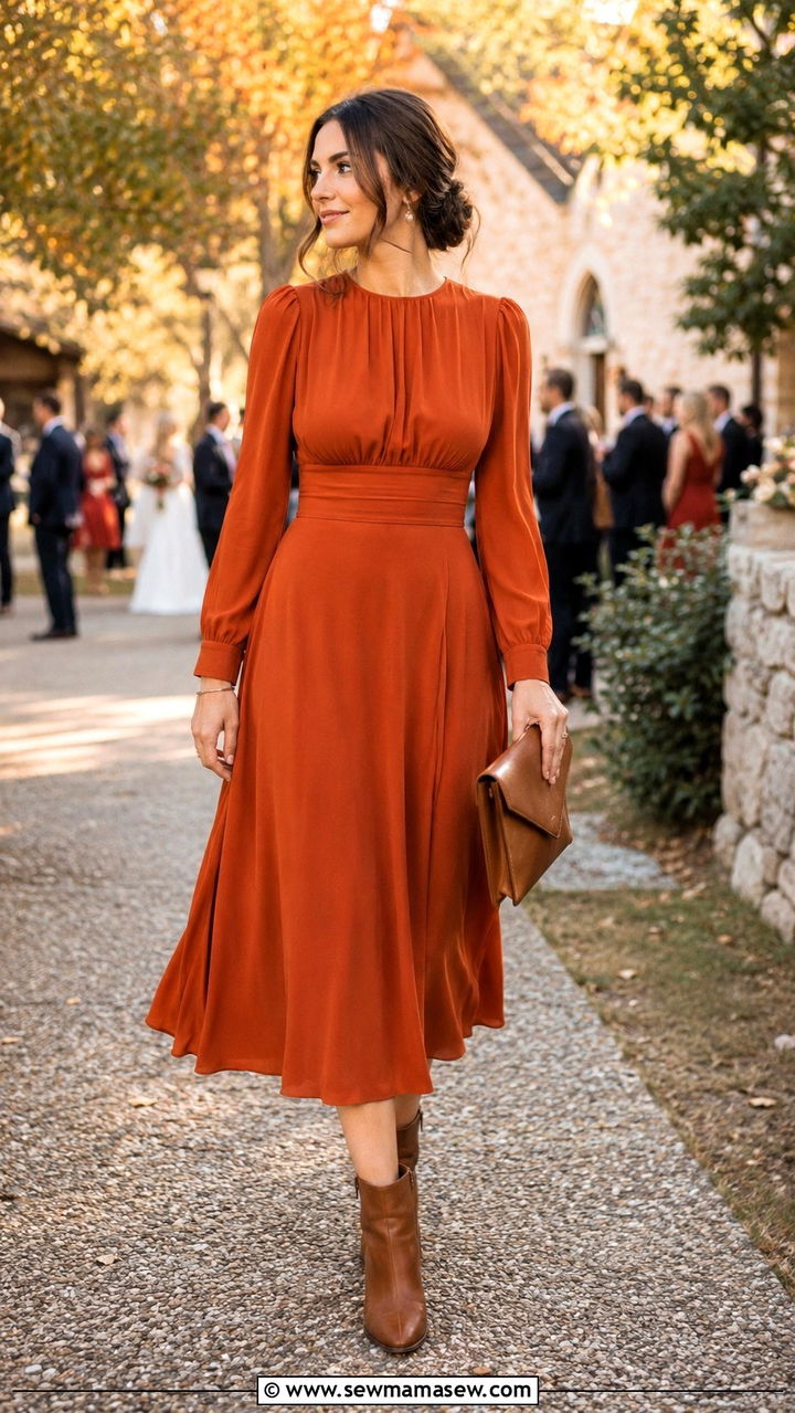 Rust Orange Long Sleeve Midi Dress Wedding - 30 modest wedding guest outfit ideas