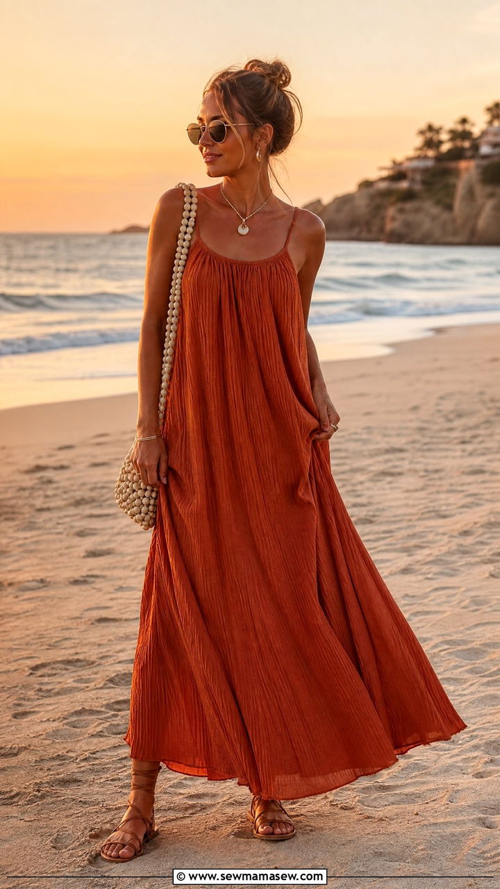 Rust Orange Maxi Dress Outfit - 30 summer monochrome outfit ideas