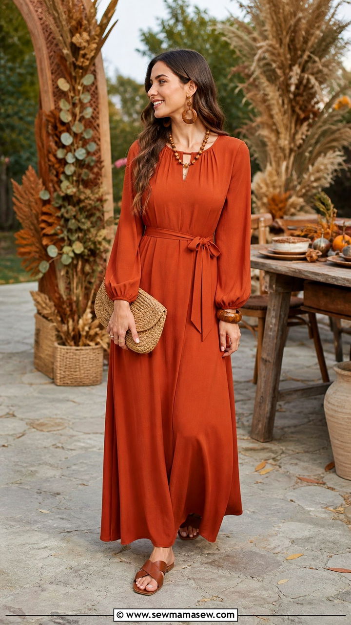 Rust Orange Maxi Dress With Leather Sandals - 40 Eid outfit ideas for women