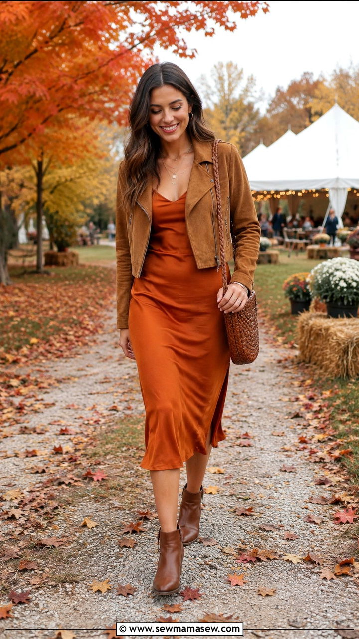 Rust Orange Slip Dress With Booties - 30 Tent wedding guest outfit ideas