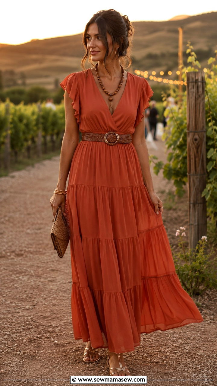 Rust Orange Tiered Maxi With Strappy Sandals - 30 transitional wedding guest outfit ideas