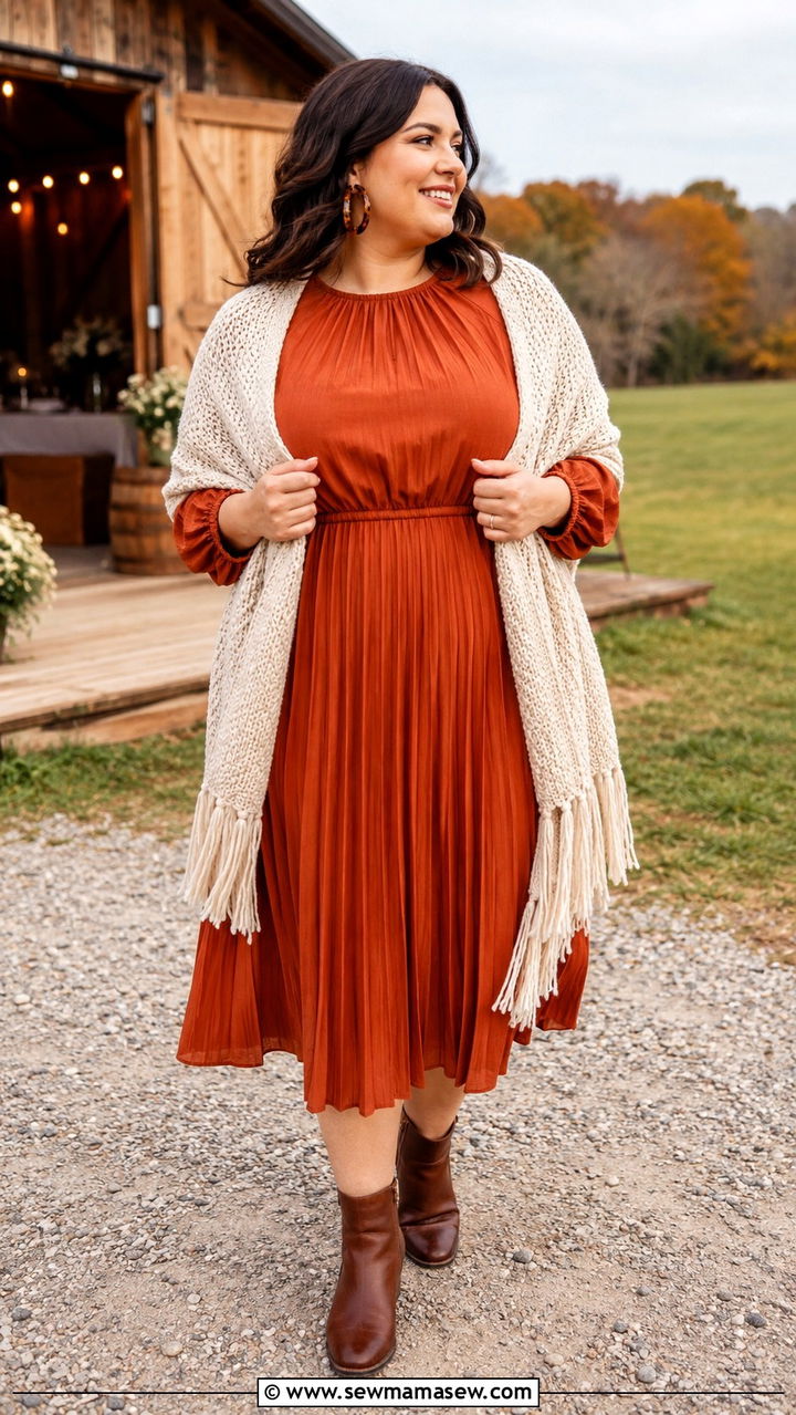 Rust Pleated Midi Dress With Ankle Boots - 25 Wedding guest outfit ideas size 14