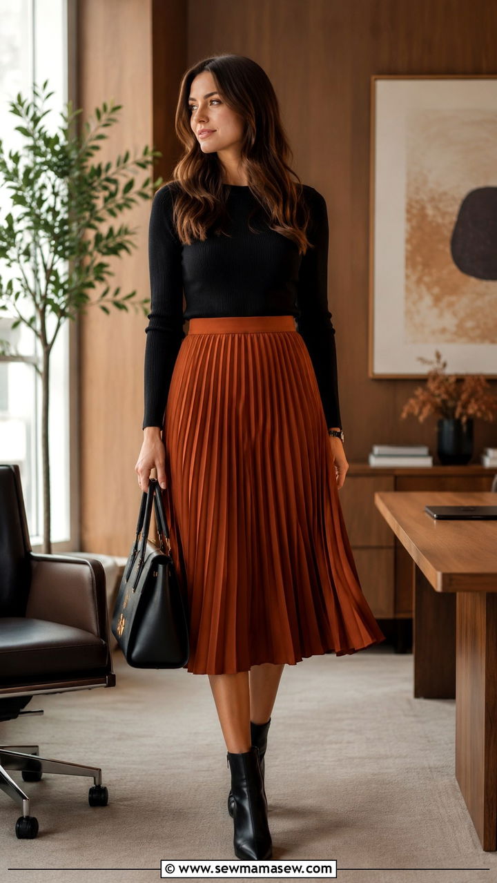Rust Pleated Skirt With Black Knit Top - 30 Pleated skirt outfit ideas for work