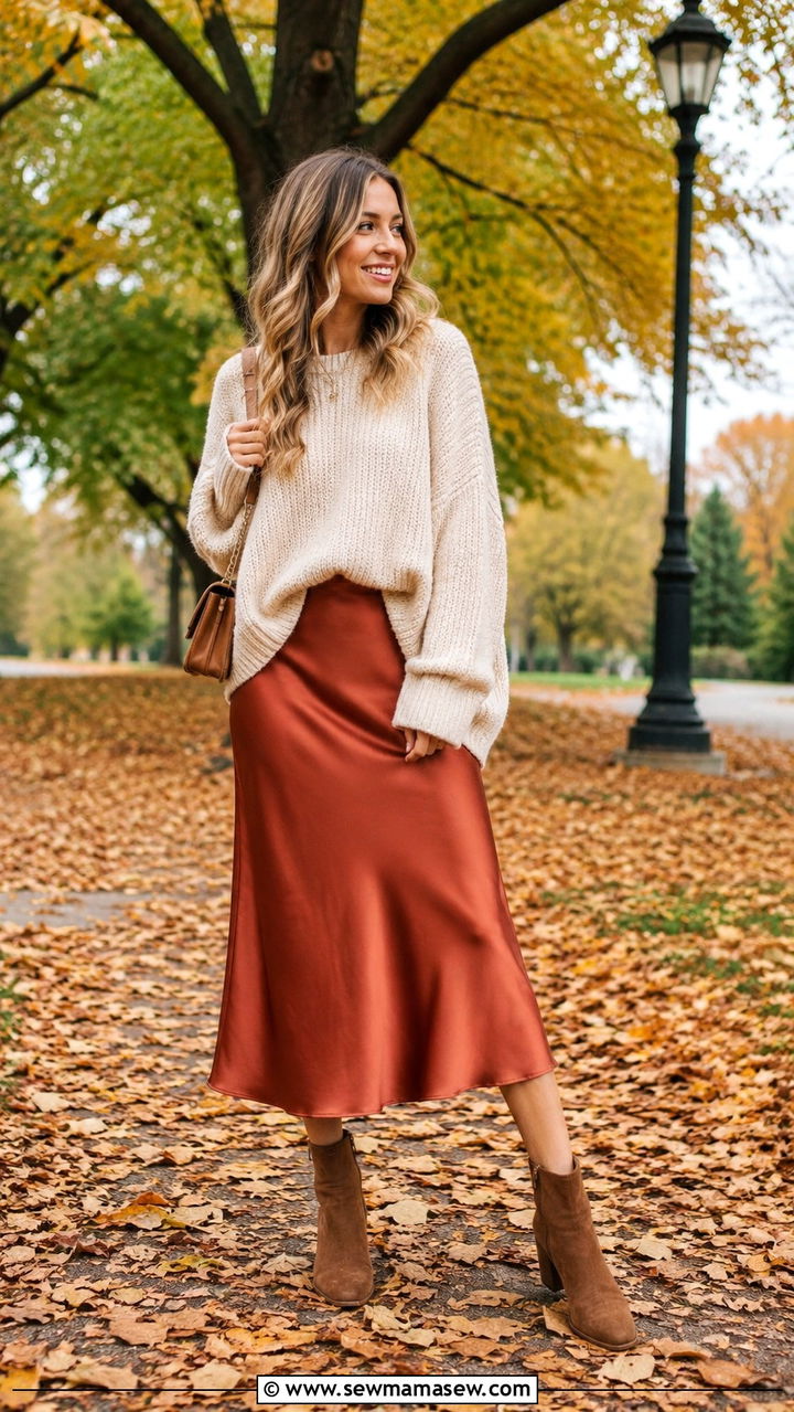 Rust Satin Midi Skirt With Oversized Sweater and Ankle Boots - 30 Satin midi skirt outfit ideas