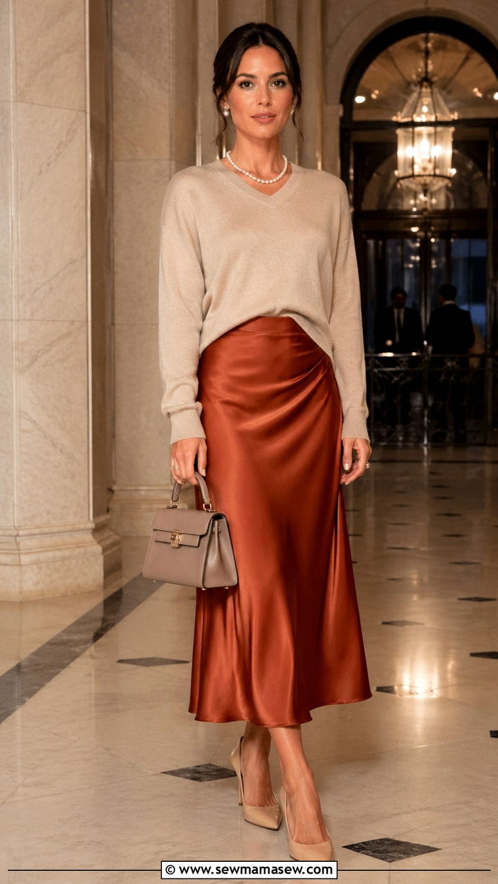 Rust Satin Skirt With Cashmere Sweater - 40 All rust outfit ideas