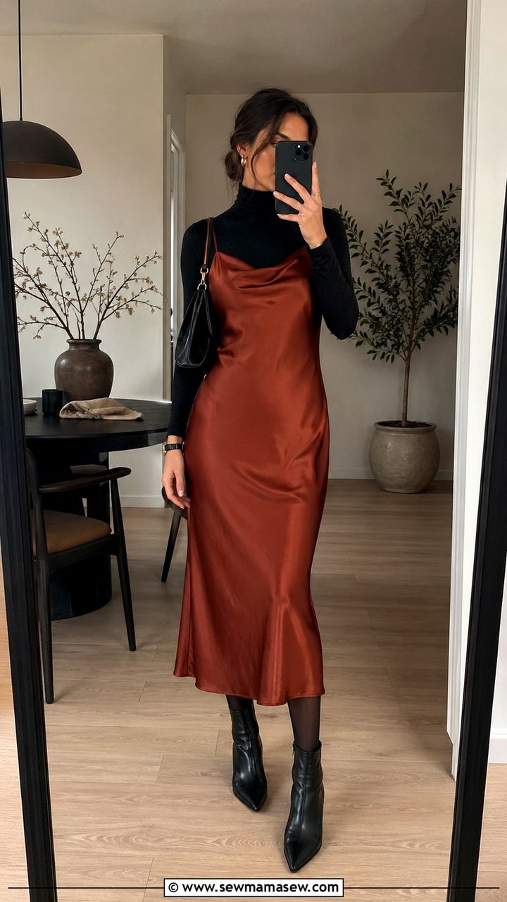 Rust Slip Dress Layered With Turtleneck - 40 All rust outfit ideas