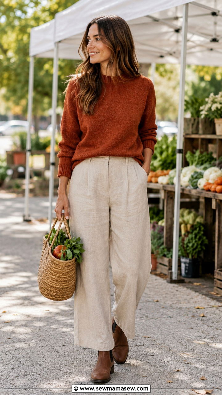Rust Sweater With Natural Wide Leg Linen Pants - 25 Wide leg linen pants outfit ideas with a sweater