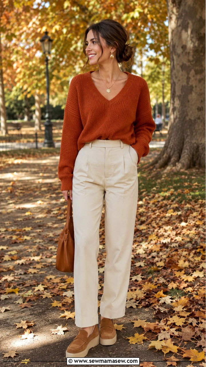 Rust Sweater and Cream Trousers Gold Jewelry - 30 Gold jewelry outfit ideas