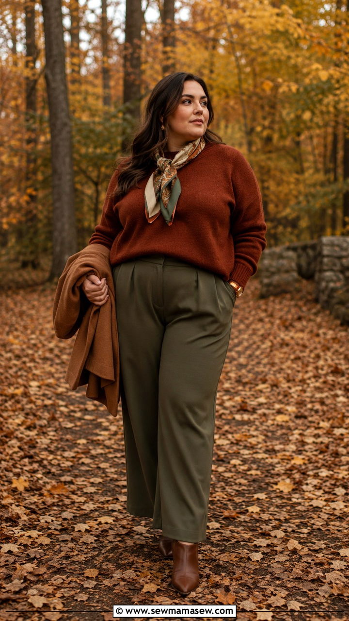 Rust Sweater and Olive Trousers Fall - 25 Plus size outfit ideas old money