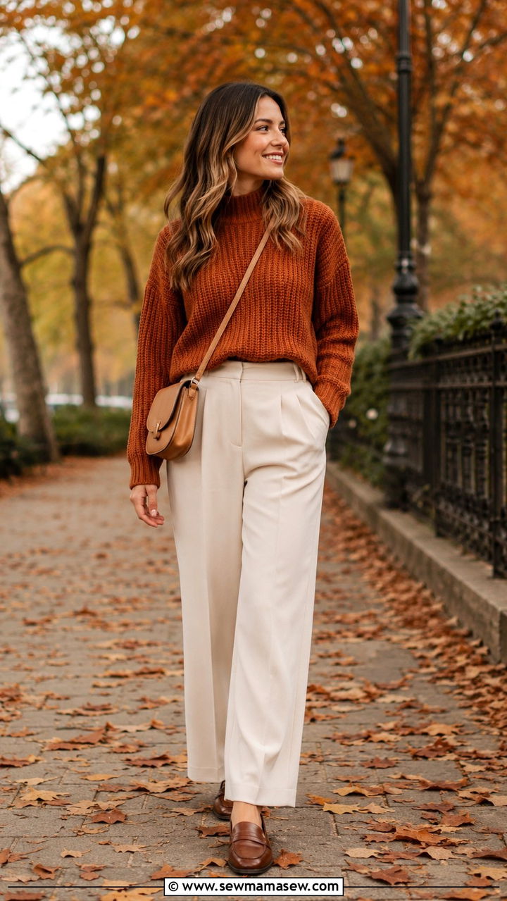 Rust Sweater with Cream Pants - 30 Earth tone outfit ideas