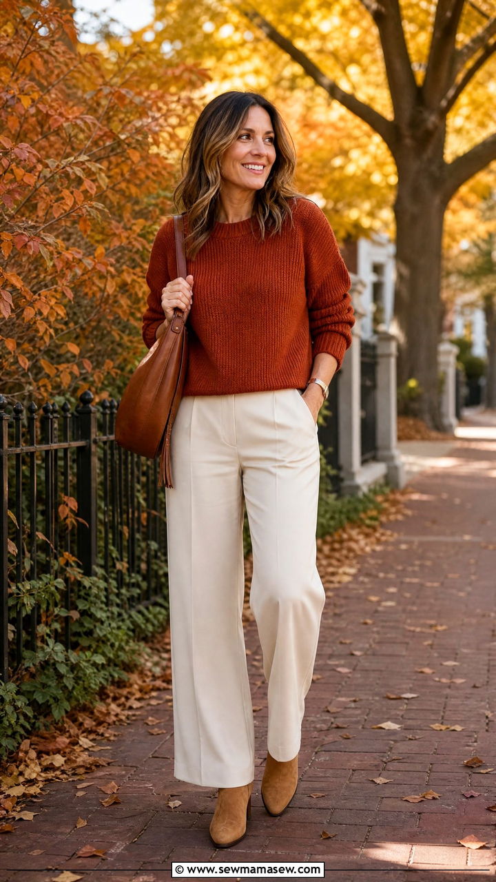 Rust Sweater with Cream Wide Leg Trousers - 30 casual outfits for women over 30
