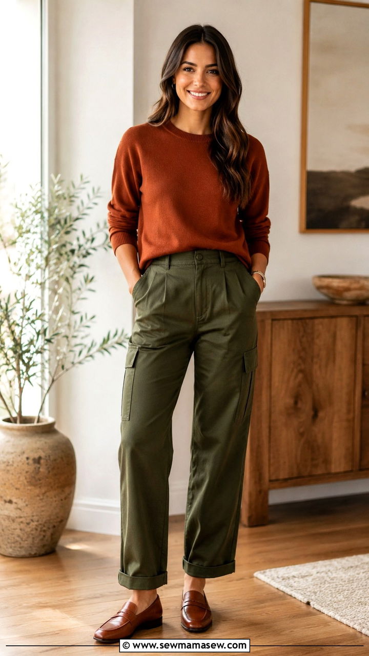 Rust Sweater with Olive Cargo Trousers - 30 LinkedIn photo outfit ideas