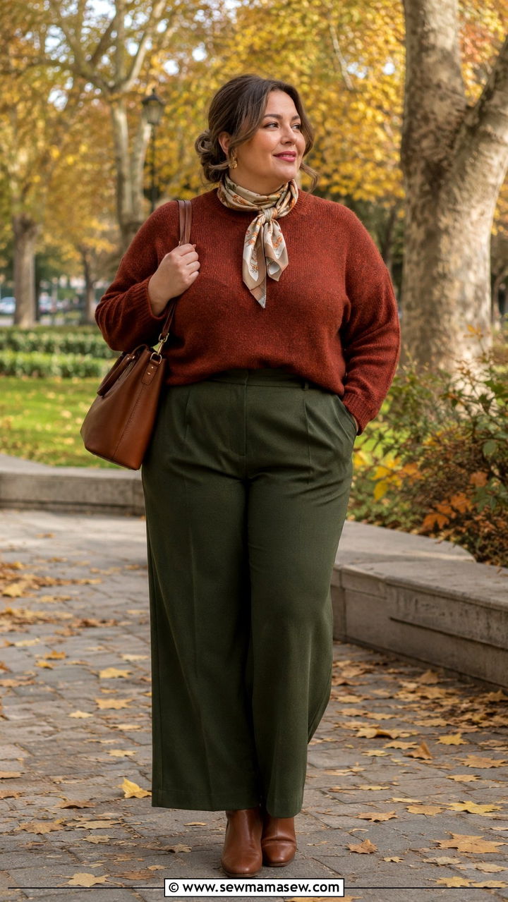 Rust Sweater with Olive Green Trousers - 30 Old money outfits plus size