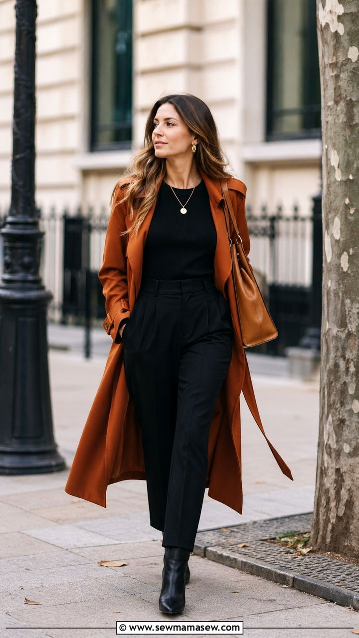 Rust Trench Coat Over All Black Outfit - 40 All rust outfit ideas