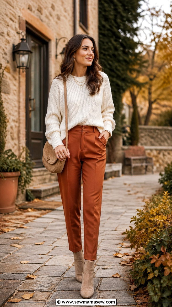 Rust Trousers With Cream Knit Sweater - 40 All rust outfit ideas