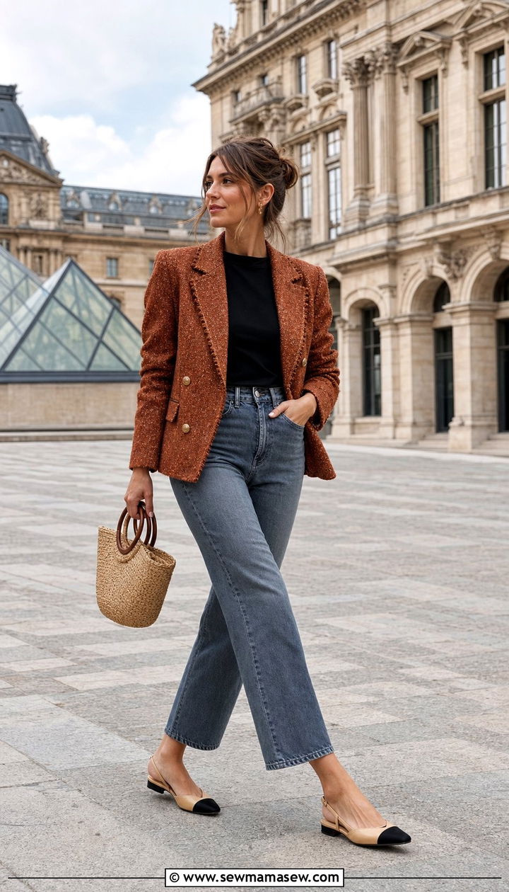 Rust Tweed Blazer with Black Tee and Cropped Denim - 25 classy Paris outfits