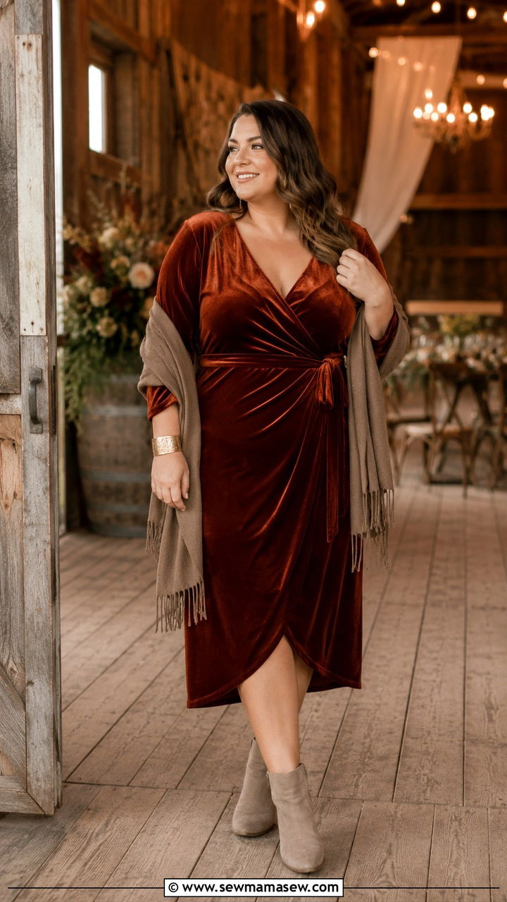 Rust Velvet Wrap Dress With Ankle Boots And A Wool Wrap - 25 Wedding guest outfit ideas size 22