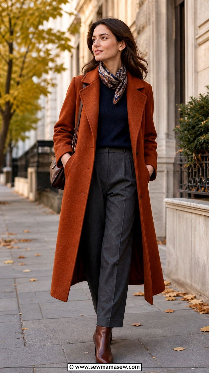 Rust Wool Coat With Navy Knitwear And Gray Trousers - 40 old money outfits