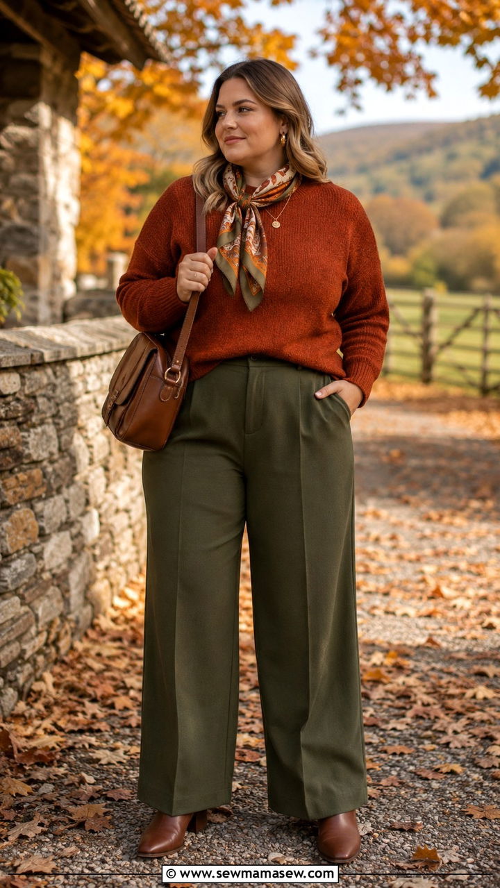 Rust Wool Sweater and Olive Green Trousers Outfit - 30 Old money outfit ideas plus size
