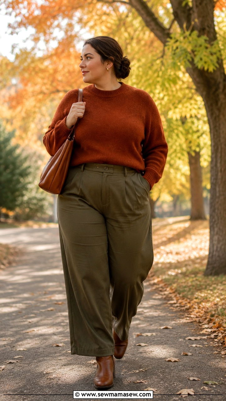 Rust Wool Sweater and Olive Wide Leg Trousers Outfit - 30 Old money outfits for curvy women