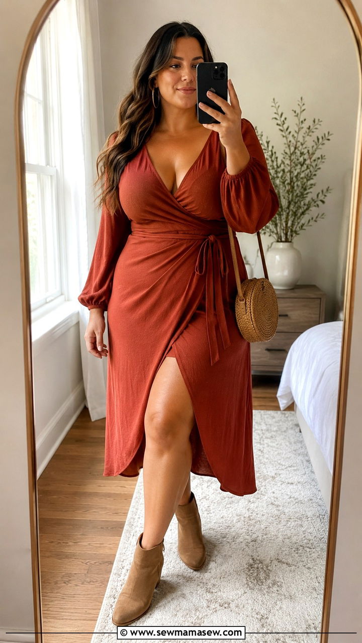 Rust Wrap Dress For Curvy Women - 30 Boho outfits for curvy women