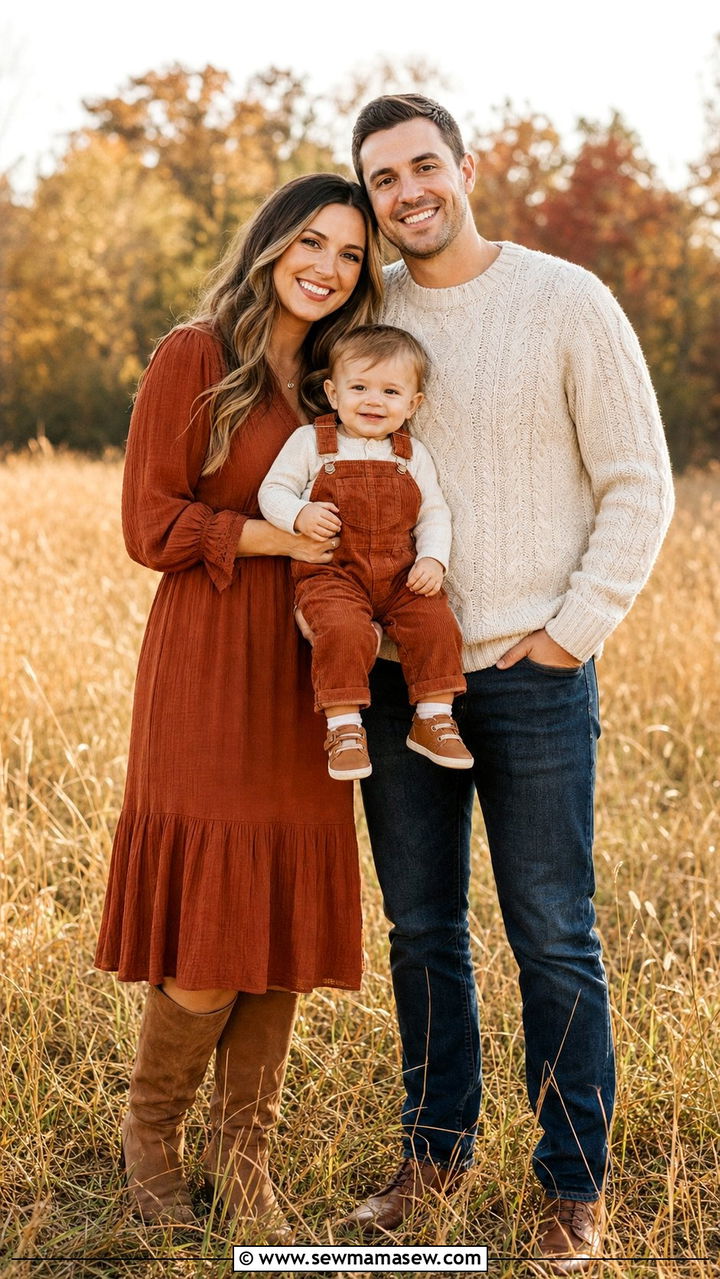 Rust and Cream Autumn Family Outfit With Toddler Overalls - 25 Family photo outfit ideas with toddler