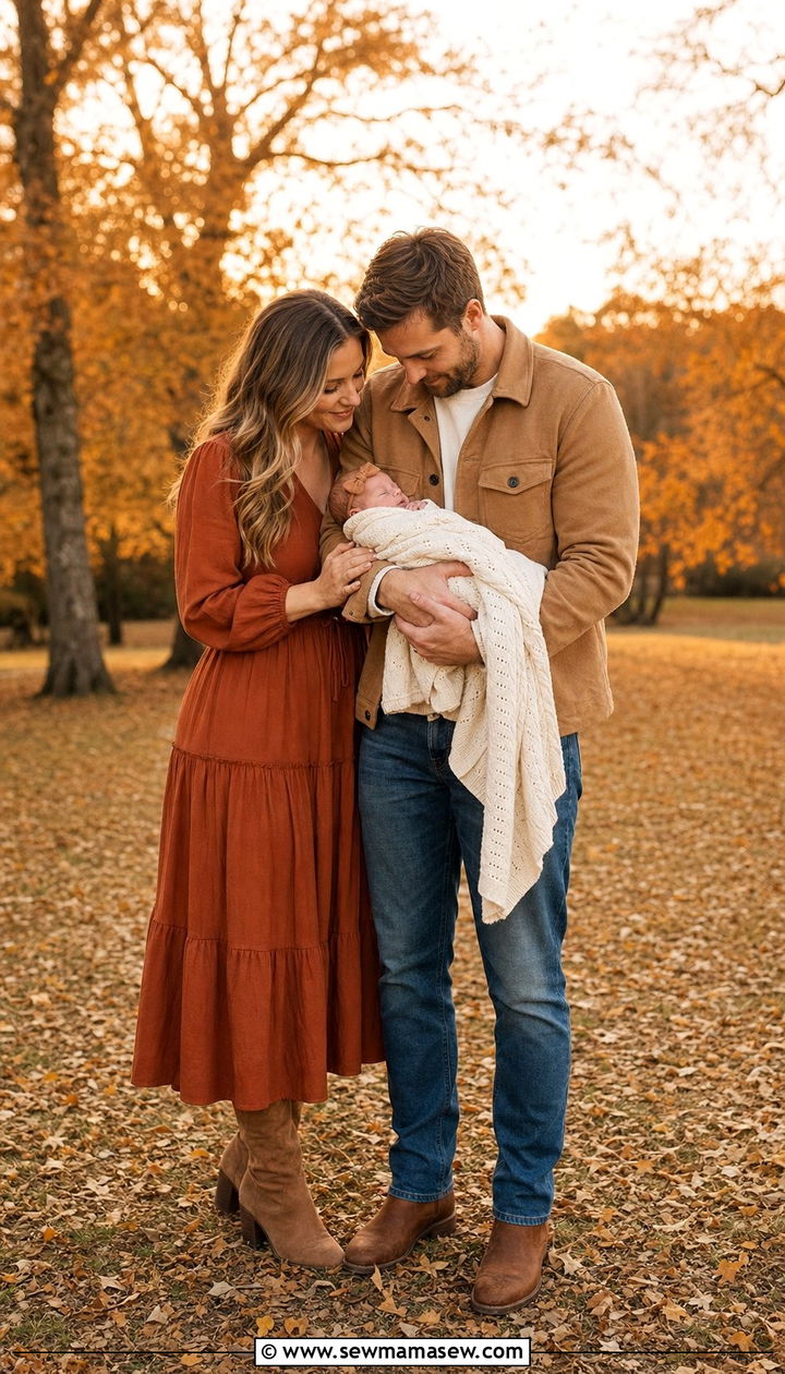 Rust and beige family outfit for newborn fall photos - 25 Family photo outfit ideas with newborn