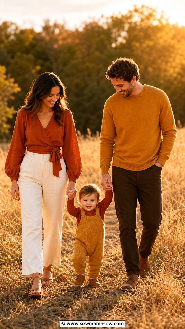 Rust and mustard family photo outfit with toddler - 25 Family photo outfit ideas with toddlers
