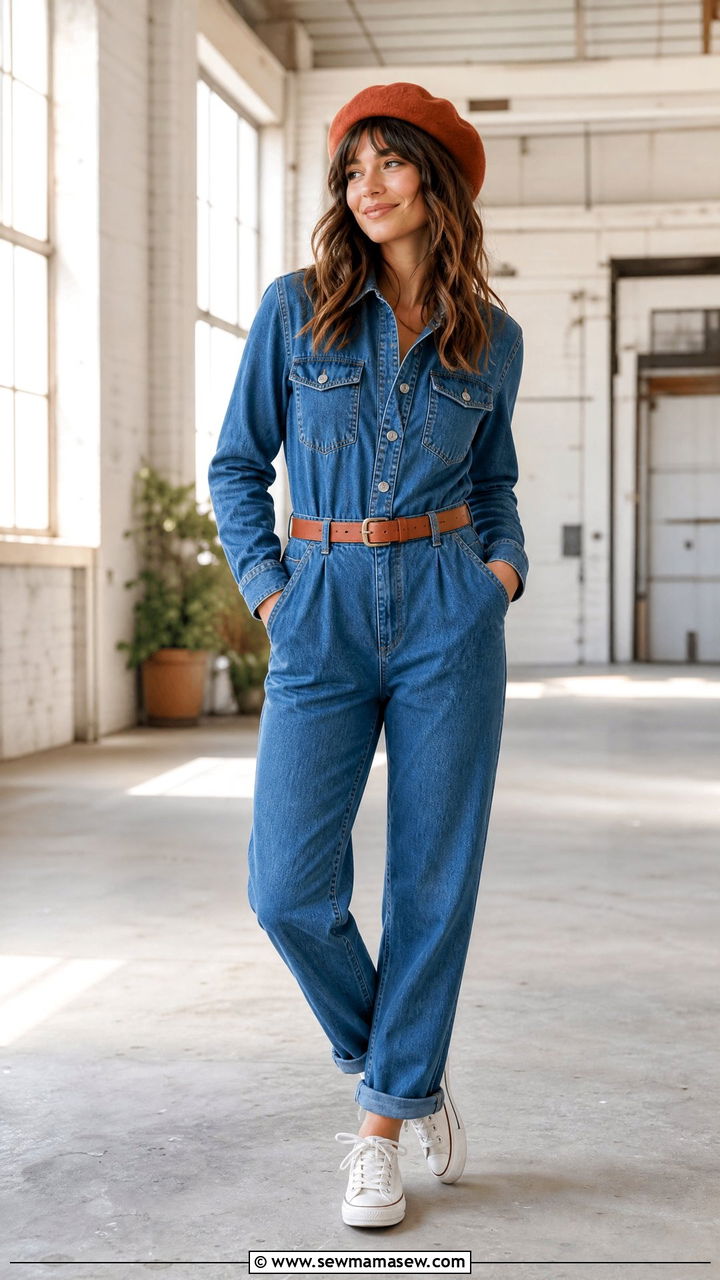 Rust beret with a denim jumpsuit - 35 Beret outfit ideas