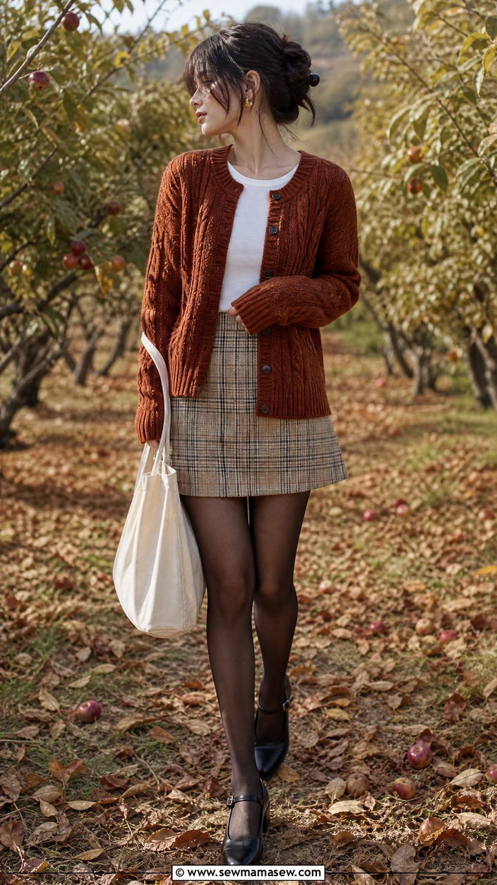 Rust brown cardigan and plaid skirt outfit - 30 dark academia outfits ideas