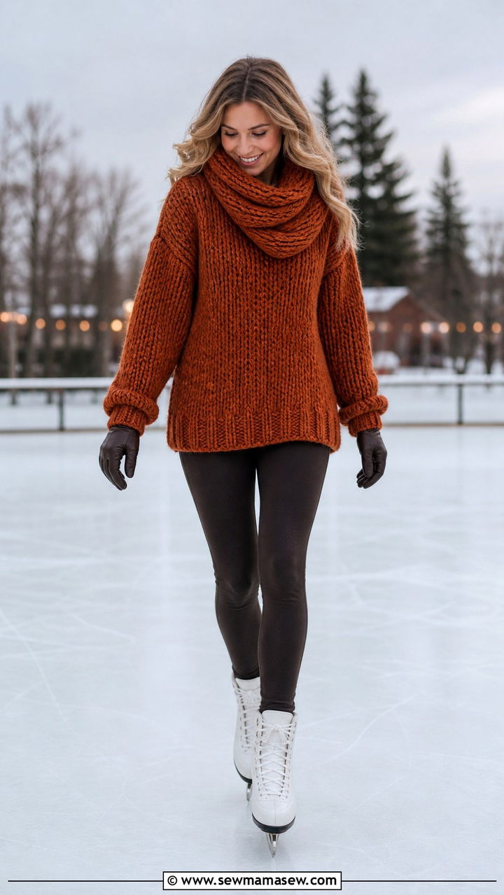Rust chunky knit sweater scarf and dark leggings skating look - 40 Ice skating outfit ideas