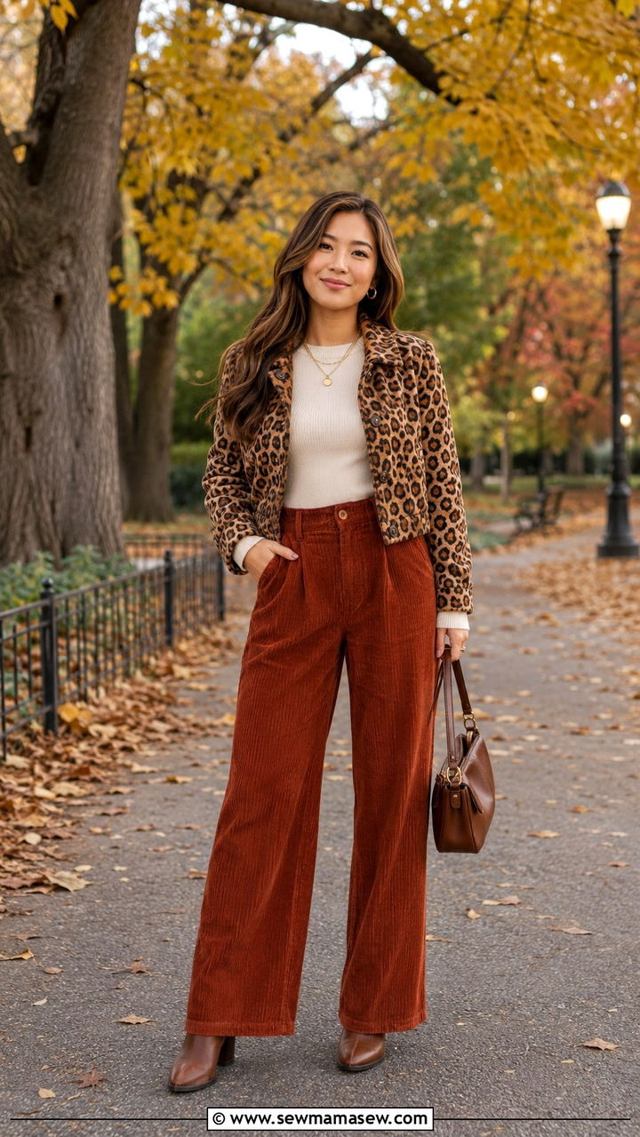 Rust corduroy wide leg pants with cream sweater and leopard jacket - 25 Petite wide leg pants outfit ideas