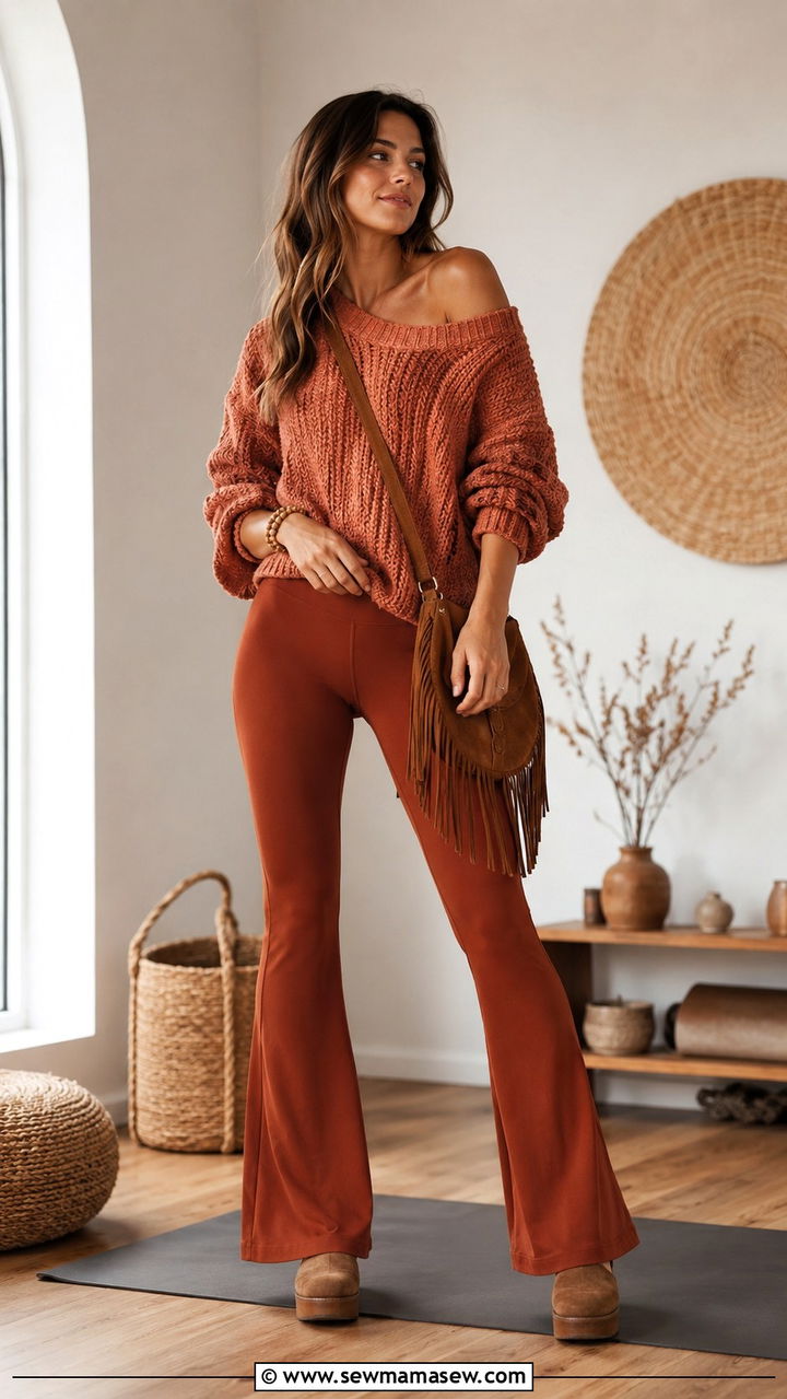 Rust flared leggings Pilates outfit with an off shoulder sweater - 25 Pilates outfit ideas with flared leggings