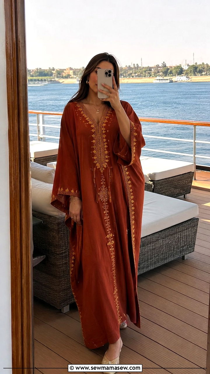 Rust kaftan with ivory embellished flats - 30 Nile cruise outfit ideas