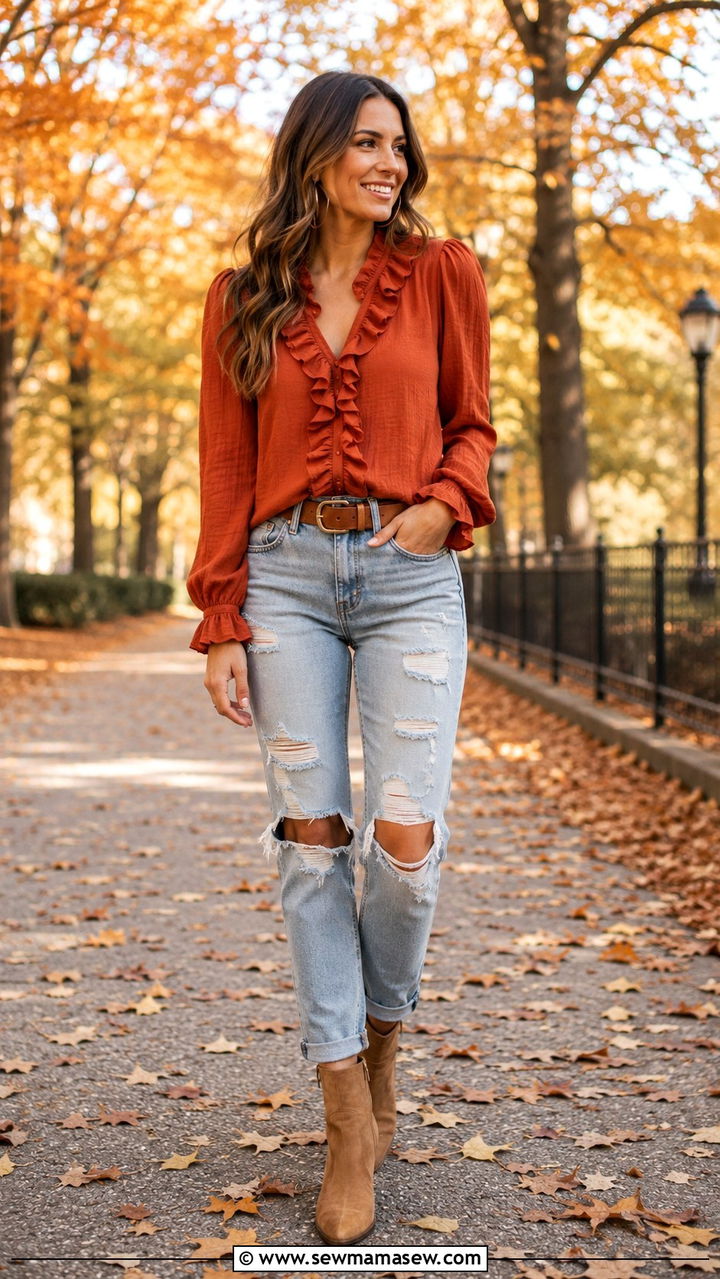 Rust ruffled blouse with ripped jeans - 25 Boho outfit ideas with jeans