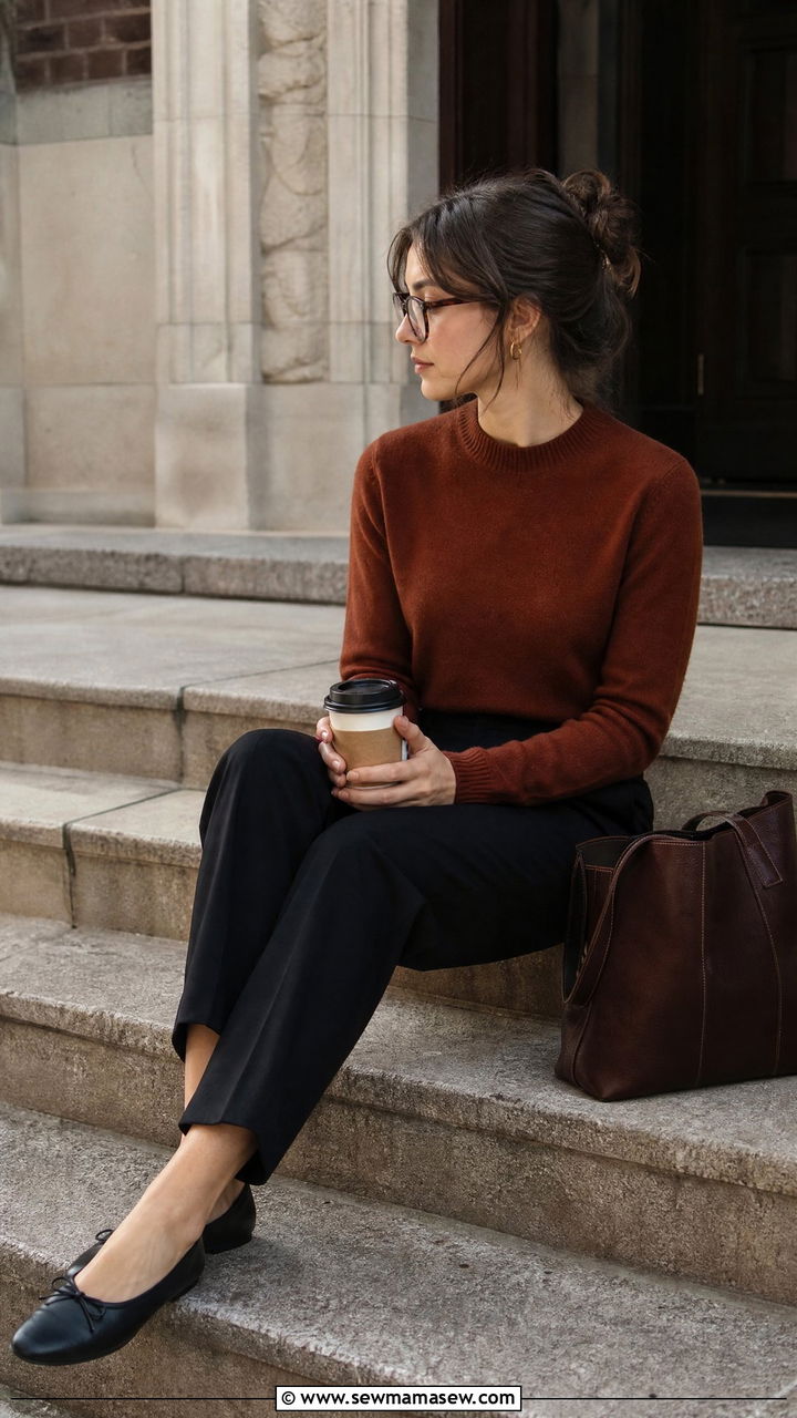 Rust sweater and black trousers - 30 Dark academia school outfits