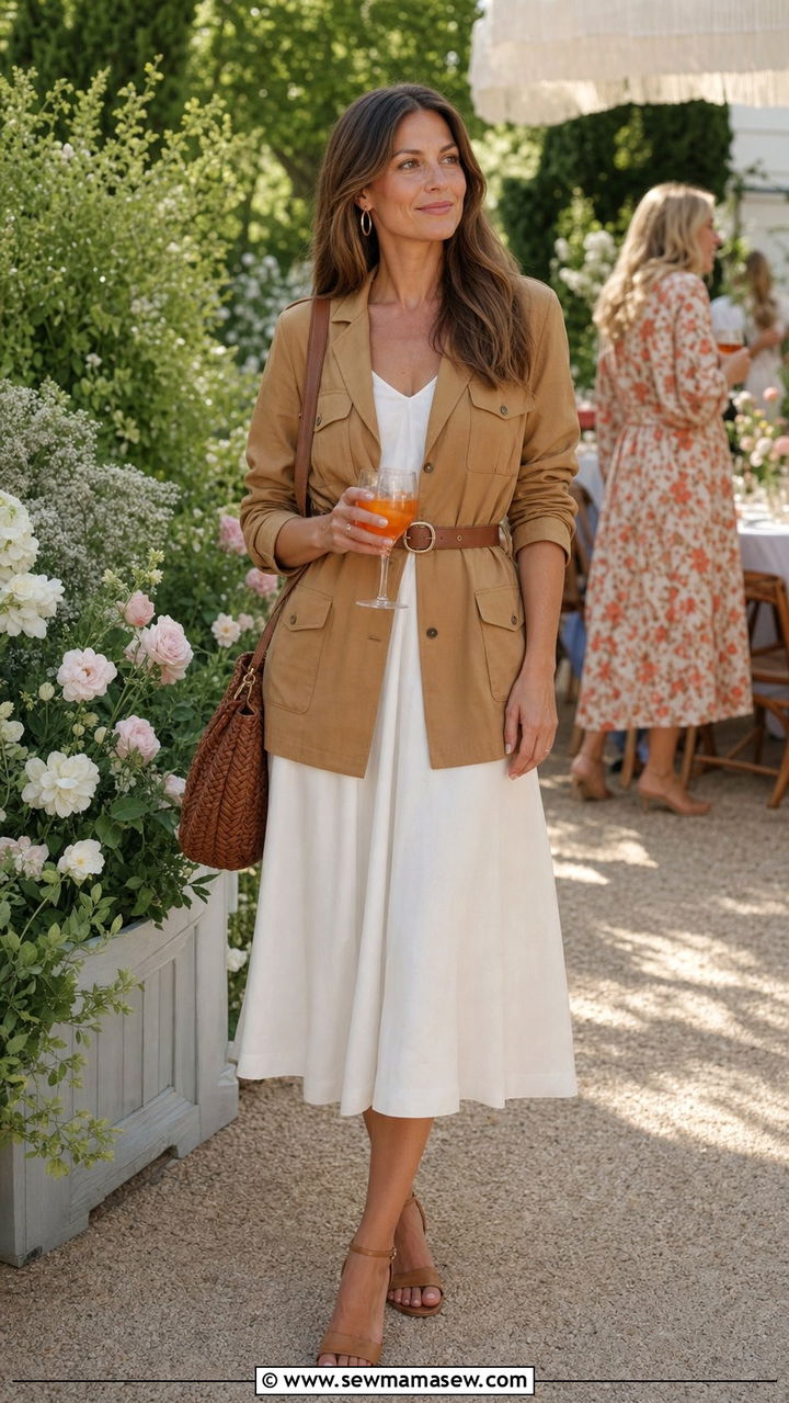 Safari Jacket and White Midi Dress - 25 spring utility chic outfit ideas
