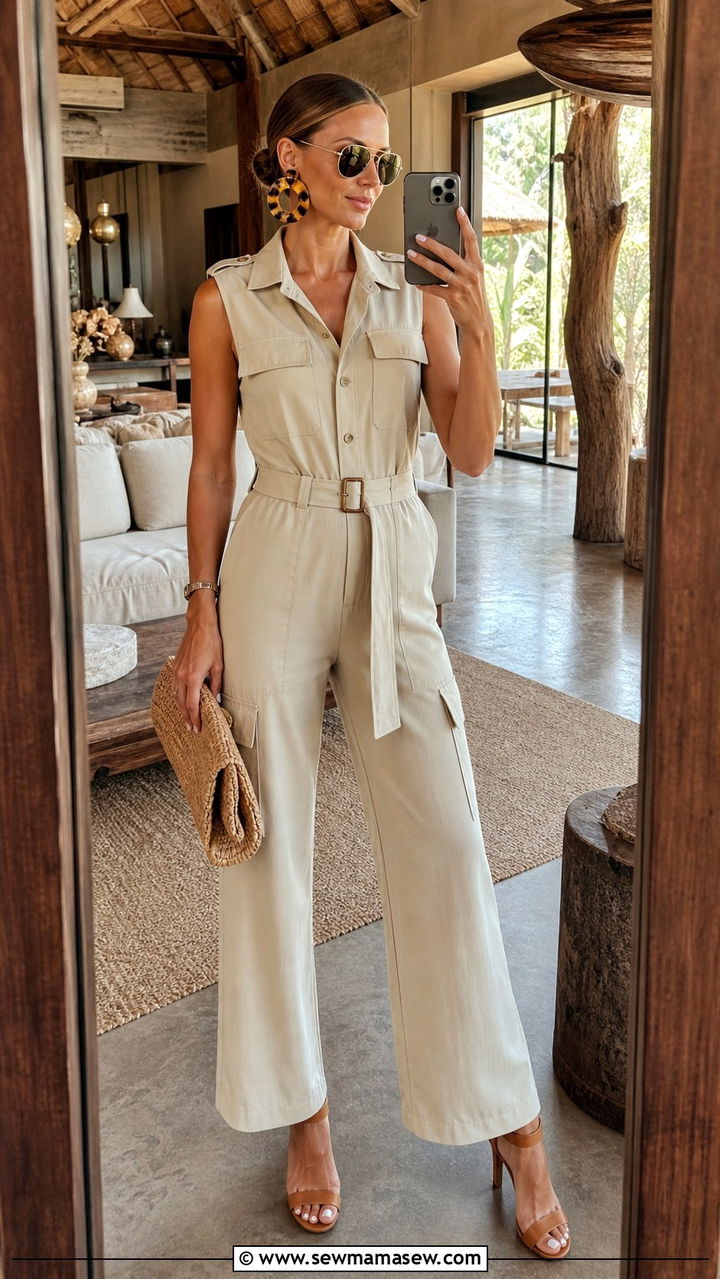 Safari Jumpsuit With Statement Earrings - 40 Safari outfit ideas