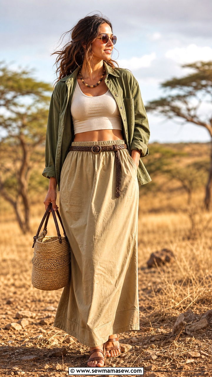 Safari Maxi Skirt With Crop Top Outfit - 40 Safari outfit ideas