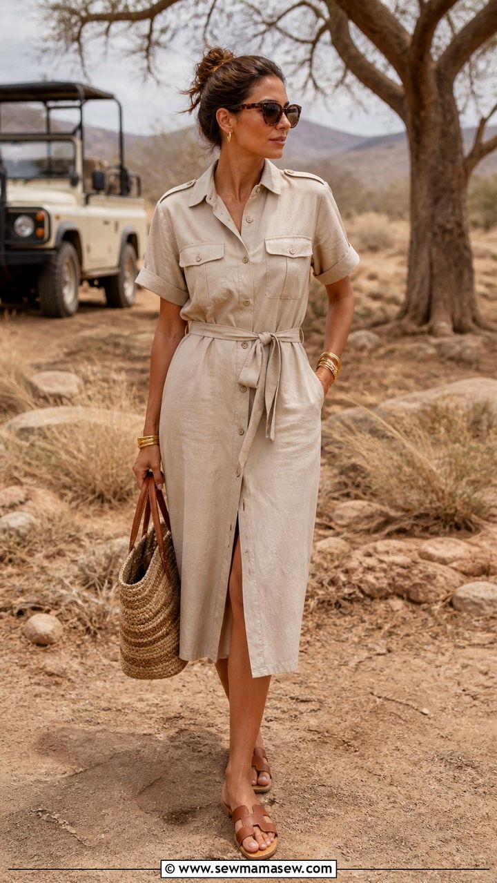 Safari Shirt Dress With Flat Sandals - 40 Safari outfit ideas