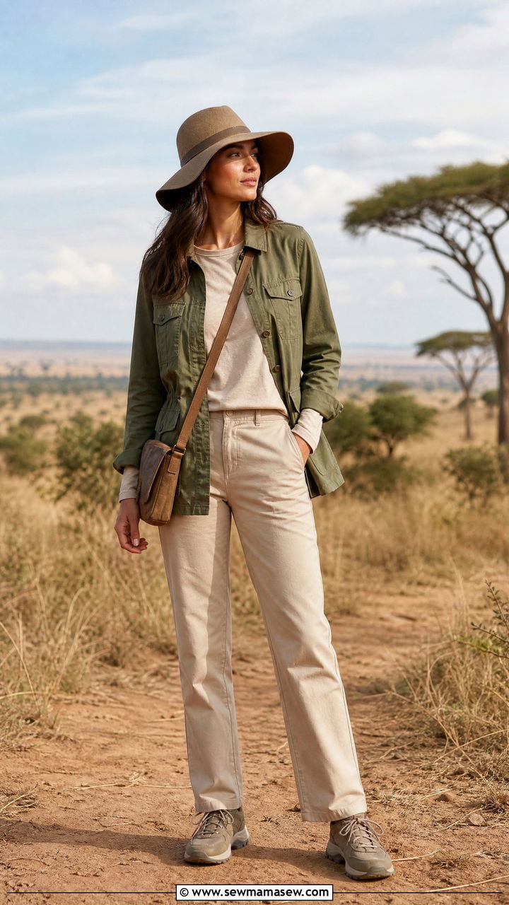 Safari Utility Jacket With Neutral Trousers - 25 Vacation outfit ideas modest women