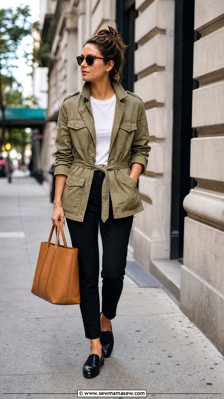 Safari jacket with slim ankle trousers and loafers - 30 classy jacket outfits