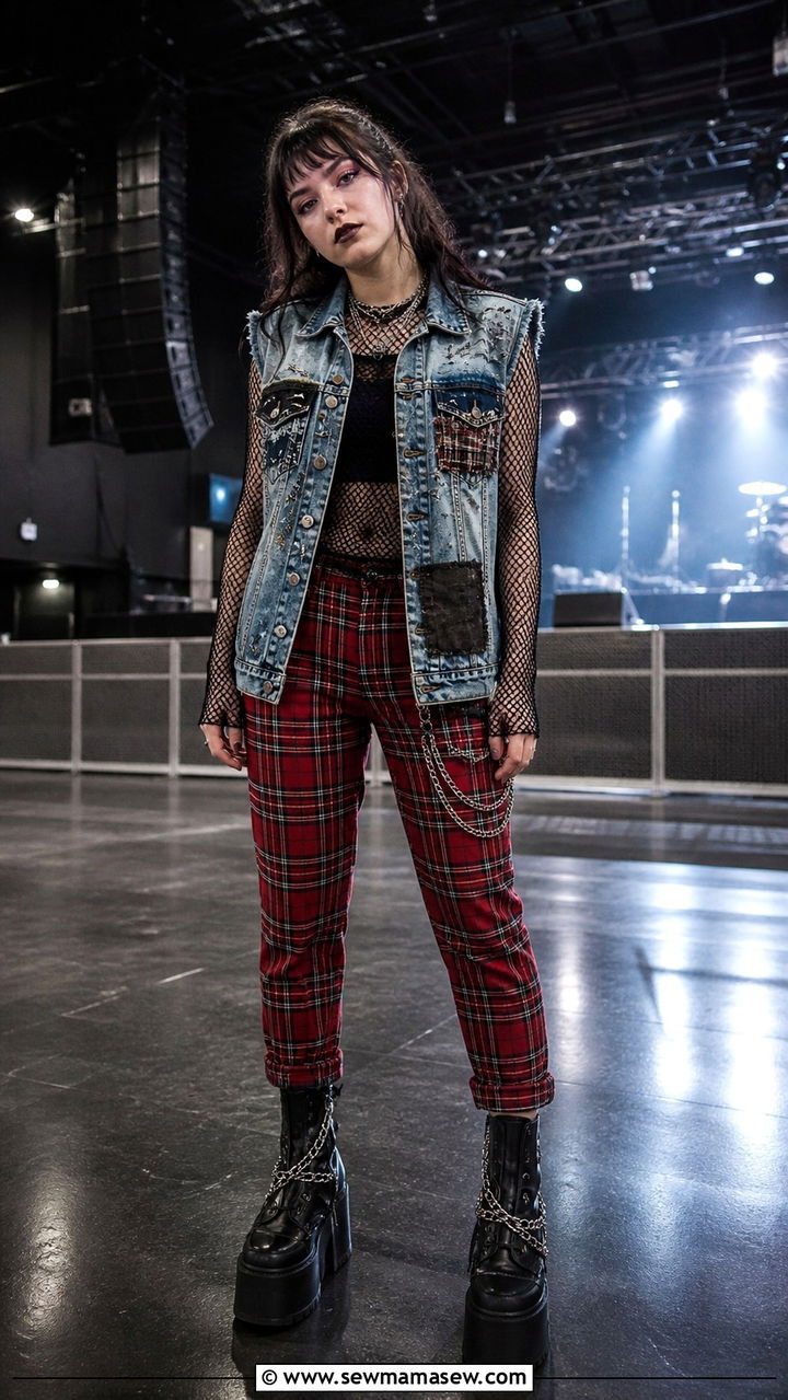 Safety Pin Denim Vest Over Mesh Top And Plaid Pants - 40 grunge outfits