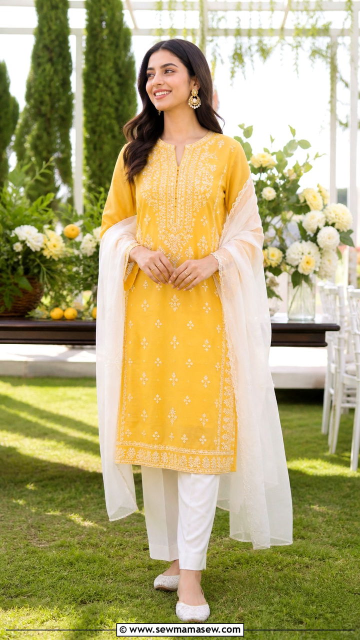 Saffron Yellow Kurta With White Straight Pants - 40 Eid outfit ideas for women