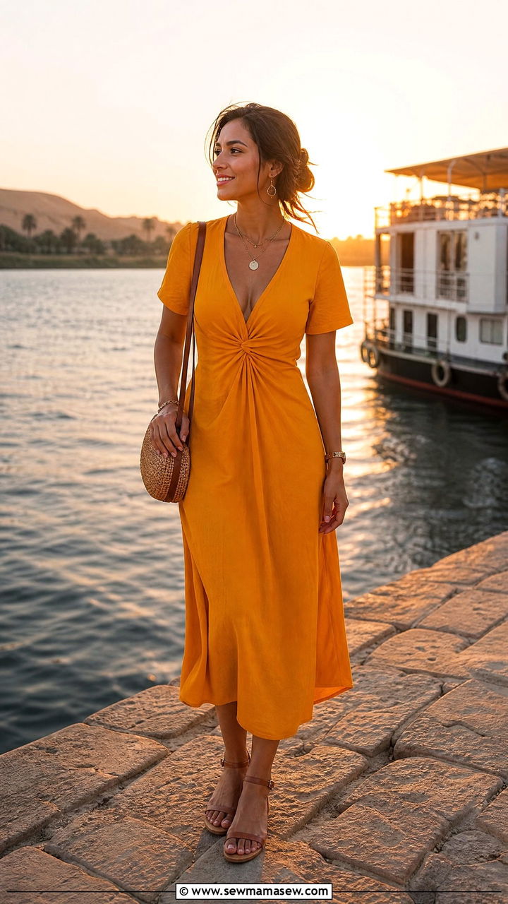 Saffron yellow cotton dress with tan accessories - 30 Nile cruise outfit ideas
